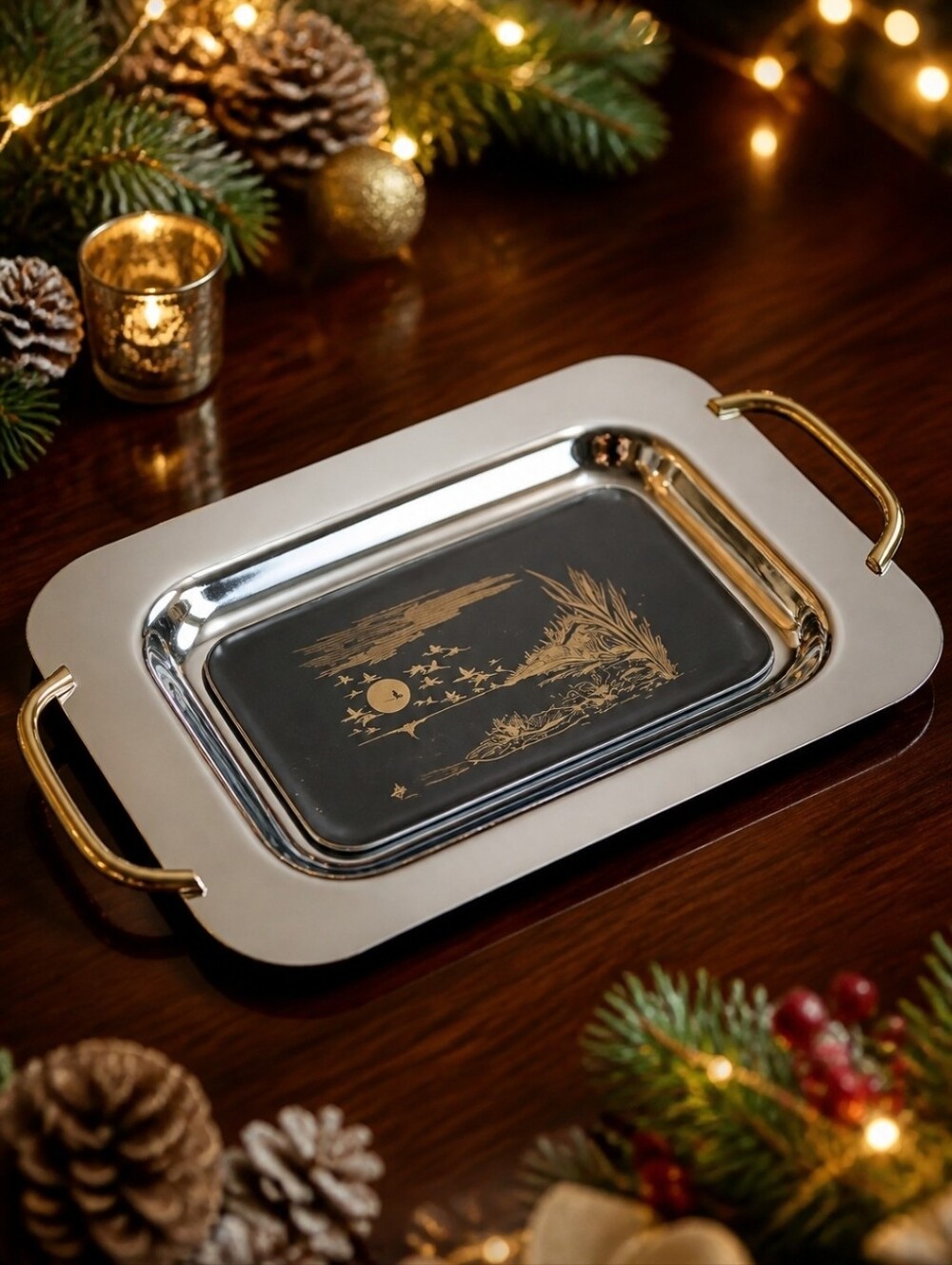 Silver and Gold Serveware Tray with Textured Surface